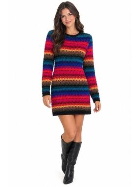 Vintage The Limited Hand Knit Sweater Dress P/S Rainbow Stripe Whimsigoth Boho